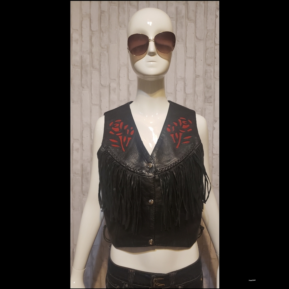 INTERSTATE Women's Leather Vest w/ Fringes & Roses